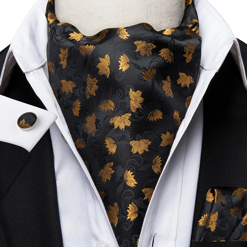 Hi-tie Silk Men's Ascot Pocket Square Cufflinks Jacquard Floral