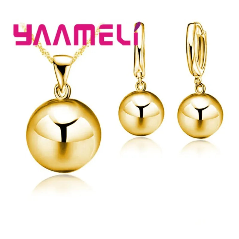 925 Silver Color Jewelry Sets for Women Female Wedding Party Smooth Ball Round Metal Stone Necklaces Earrings Anniversary Gift Qme