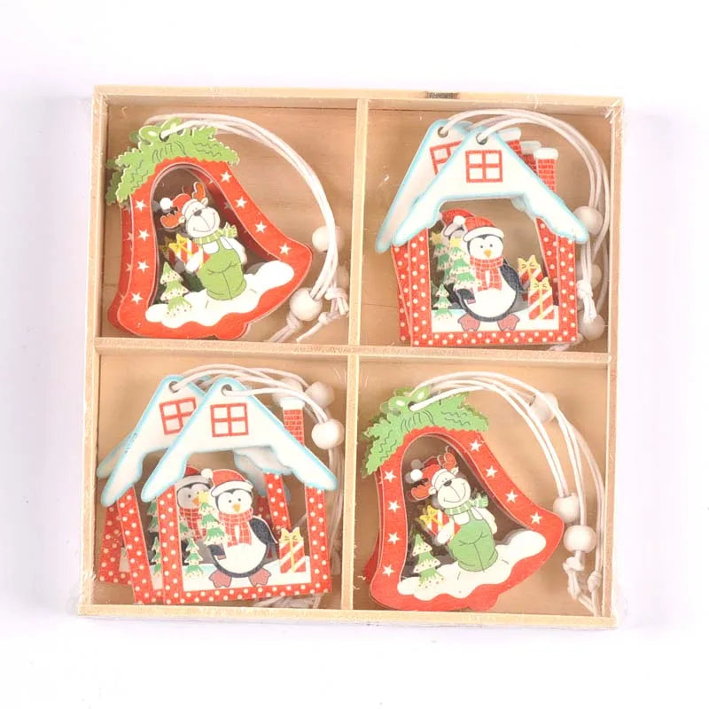 12Pcs/box New Cartoon Christmas Decorations Wooden Pendant Xmas Tree Hanging Ornaments Handmade Home Supplies Kid Gifts c2729 Qme