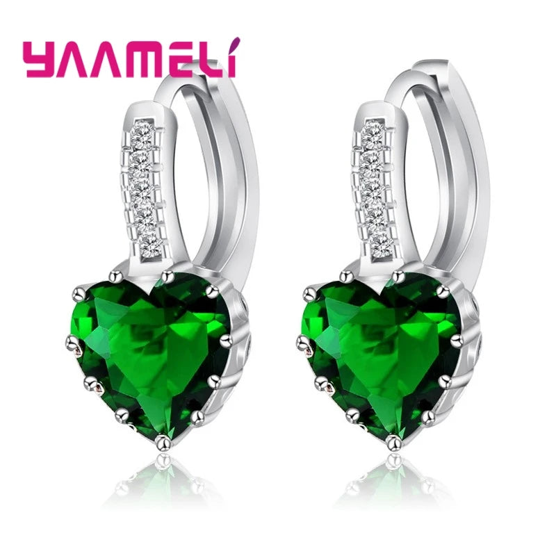 Big Sale 925 Sterling Silver Color Loop Hoop Earrings Candy Color Cubic Zircon Charms Women Jewelry Wedding Accessory Brincos Qme Green heart