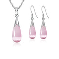 Pure Jewelry Set Simple 925 Sterling Silver Color White Pink Water Drop Opal Cat Eye Stone Pendant Necklace/Hook Earrings/Chain Qme Pink