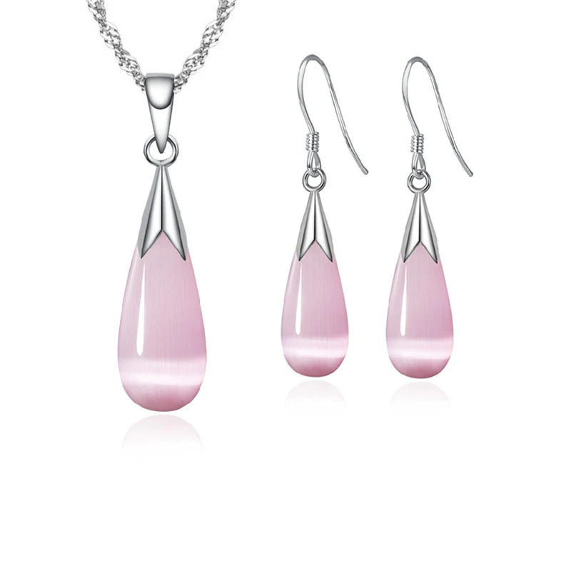 Pure Jewelry Set Simple 925 Sterling Silver Color White Pink Water Drop Opal Cat Eye Stone Pendant Necklace/Hook Earrings/Chain Qme Pink