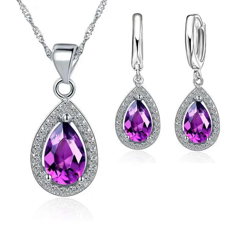 Classic 925 Sterling Silver Color Women Waterdrop Crystal Pendant Necklaces Drop Earring Set Wedding Bridal Jewelry Sets Qme Purple