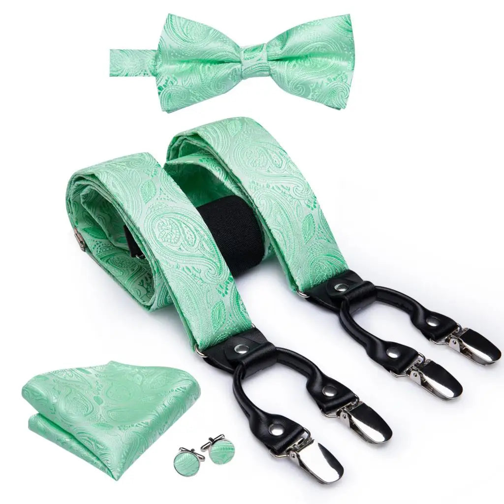 Hi-Tie Silk Men's Suspender Metal 6 Clips on Braces Bow Tie Hankerchief Cufflinks Male Wedding Party Business Vintage Adjustable Qme BD-3046