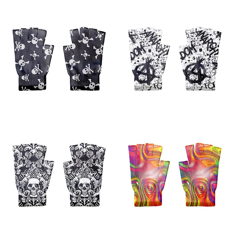 Adult Halloween Skeleton Skull Half Finger Gloves Stretch Knitted Qme