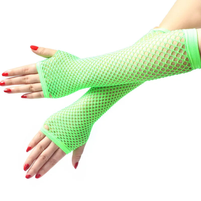 Women Fashion Neon Fishnet Fingerless Long Gloves Leg Arm Cuff Party Qme green Length -26cm