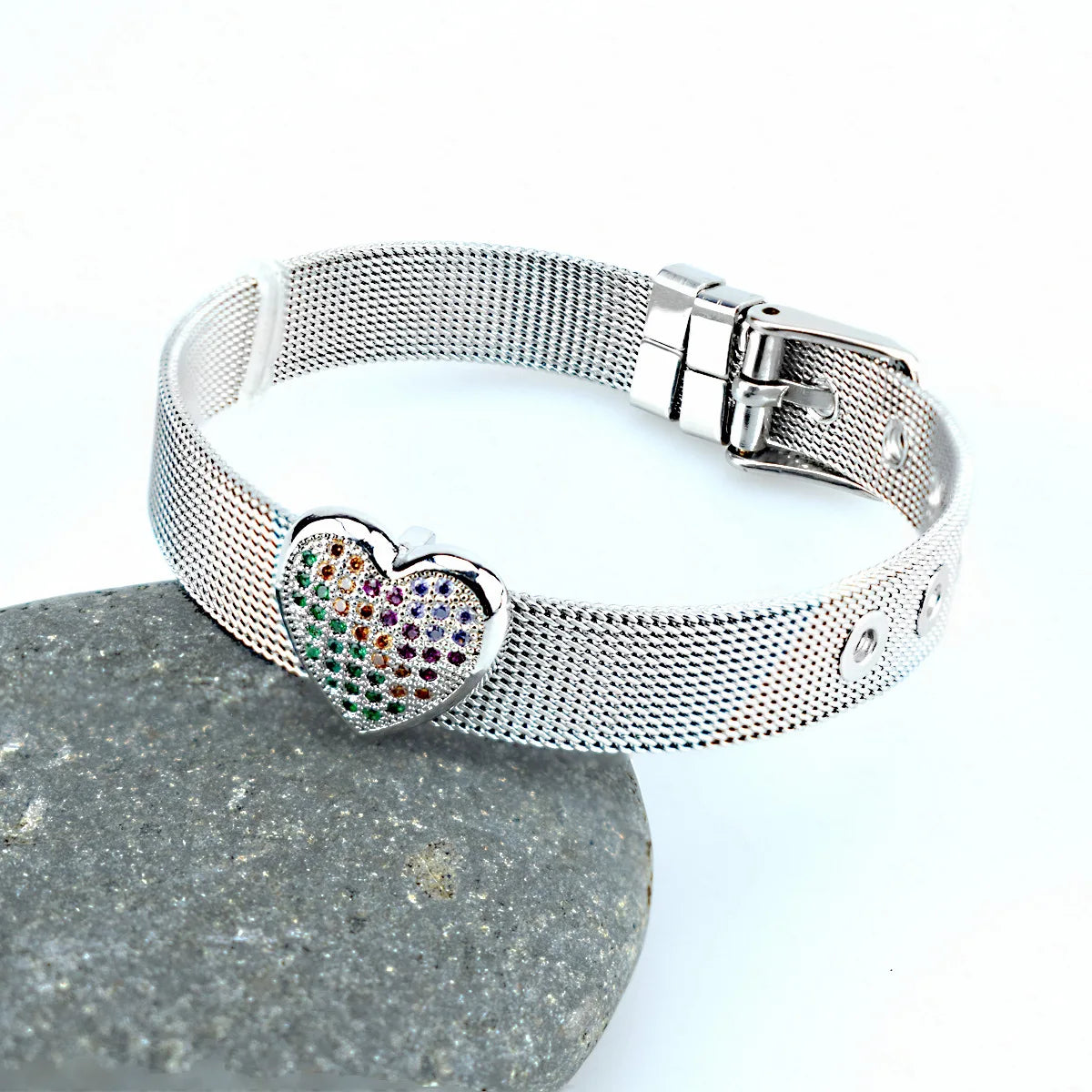 Simple fashion love palm evil eye stainless steel strap bracelet inlaid with colored diamonds zircon men and women jewelry gifts Qme 5 Gold