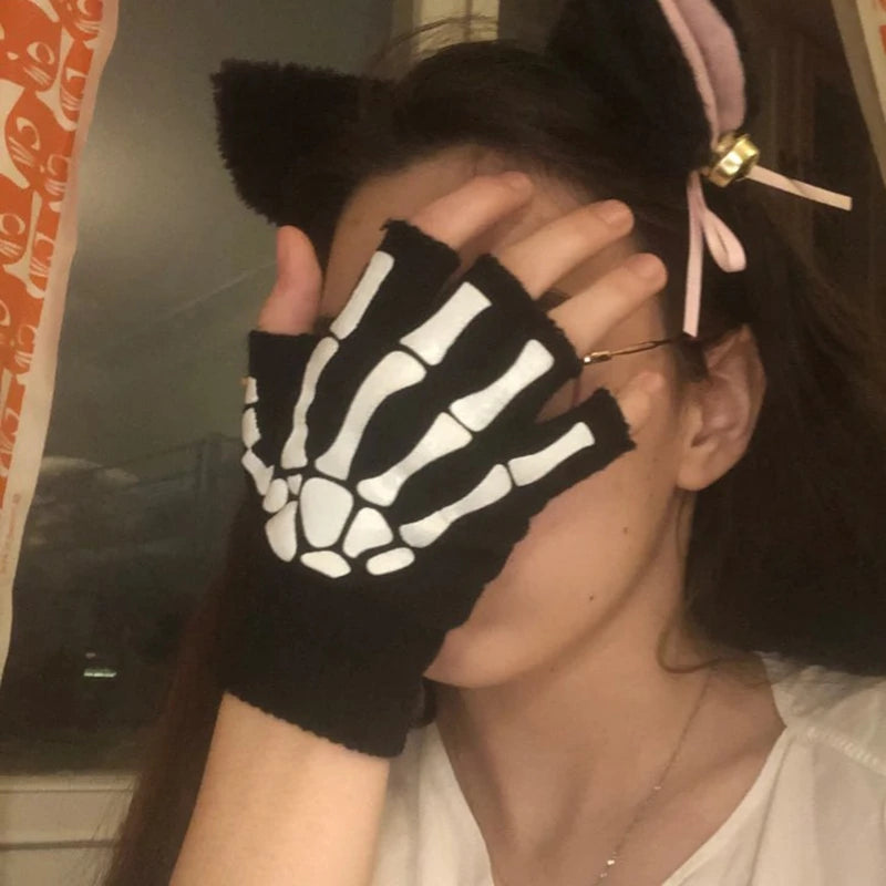 Punk Gloves Unisex Halloween Skeleton Skull Half Finger Glow Dark Qme