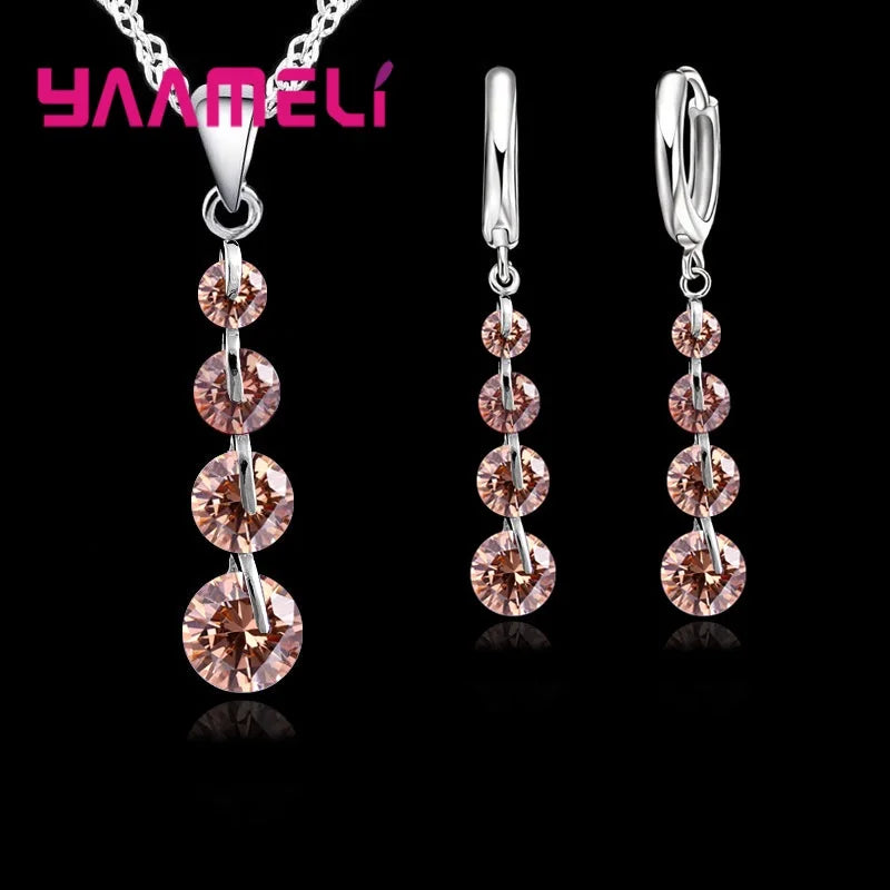 Fashion Bridal Jewelry Set For Women Lady Tassel Cubic Zircon 925 Sterling Silver Color Pendant Necklace Earrings Wedding Gift Qme