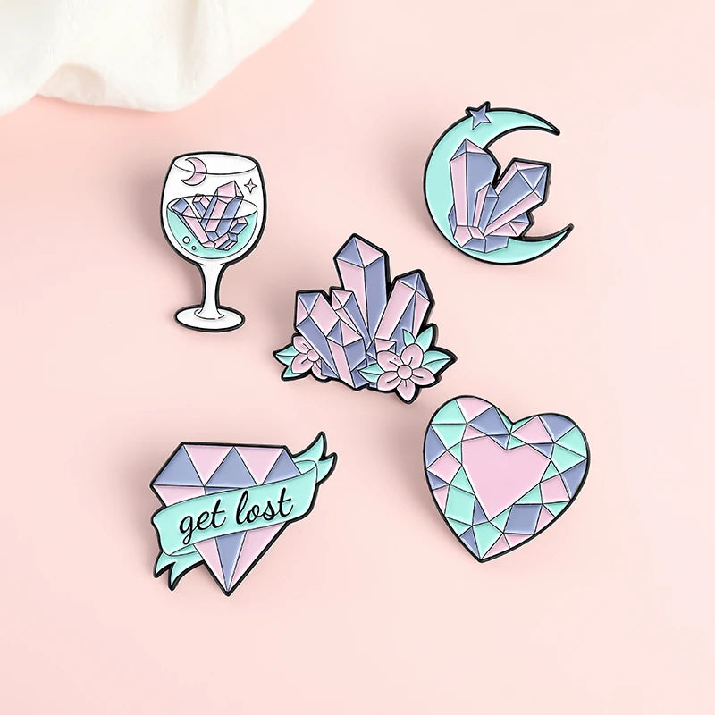 Pink Crystal Ore Enamel Pins Heart Moon Goblet Brooche for Women Backpacks Lapel Pin Cartoon Badge Jewelry Gift Wholesale Qme set