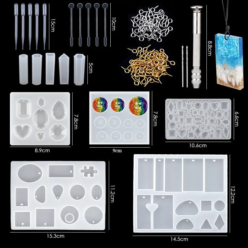 Epoxy Silicone Mold Set Jewelry Casting Mold Kit with Hand Drill, Glitter Sequins and Tools for Pendant Earring Keychain Making Qme 1