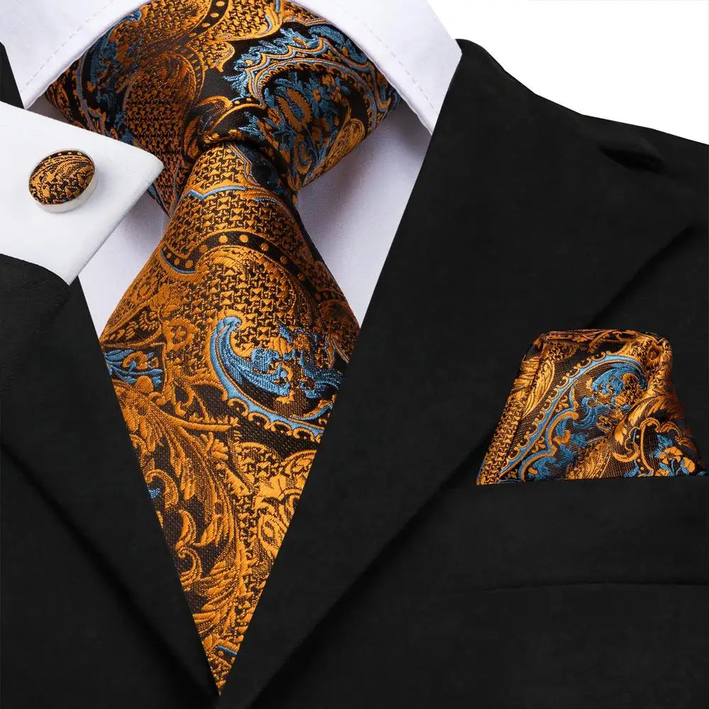Luxury Mens Ties Floral Black Gold Paisley Red Blue Necktie Pocket Qme