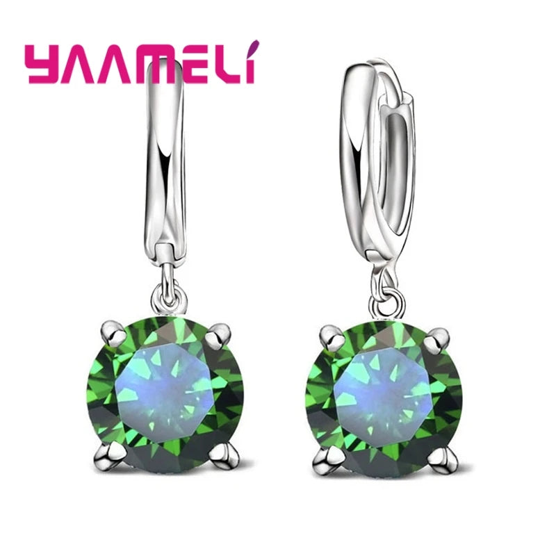 Real 925 Pure Sterling Silver Plated Dangle Earrings CZ Crystal Big Round Earwires for Women Girls Gift Fashion Wedding Jewelry Qme Green