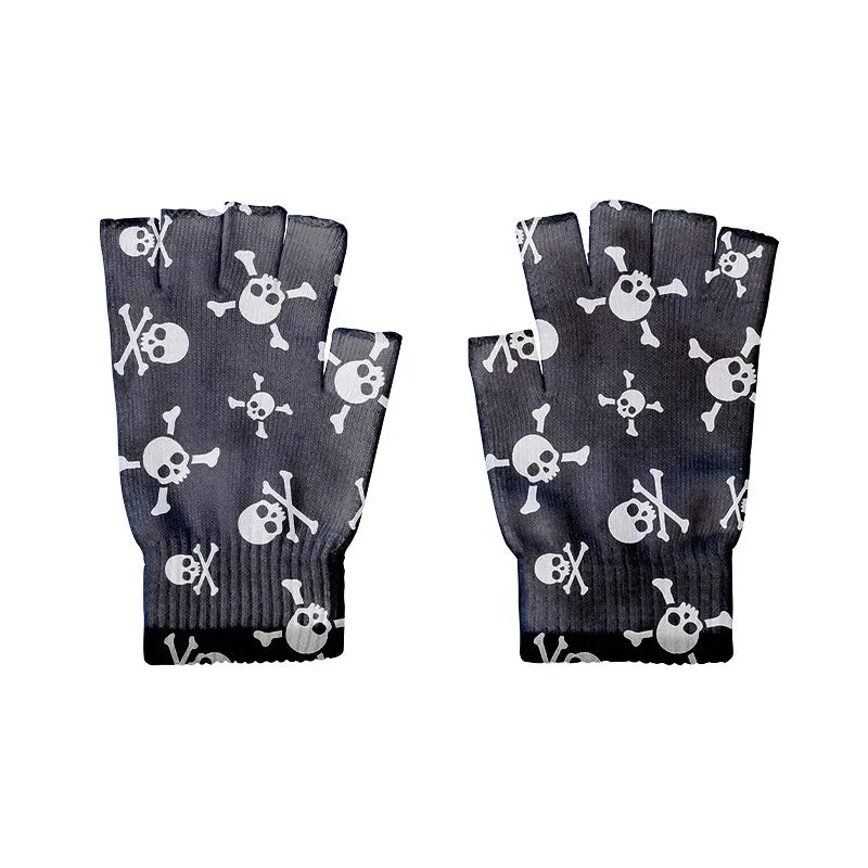 Adult Halloween Skeleton Skull Half Finger Gloves Stretch Knitted Qme style5 One Size China Mainland
