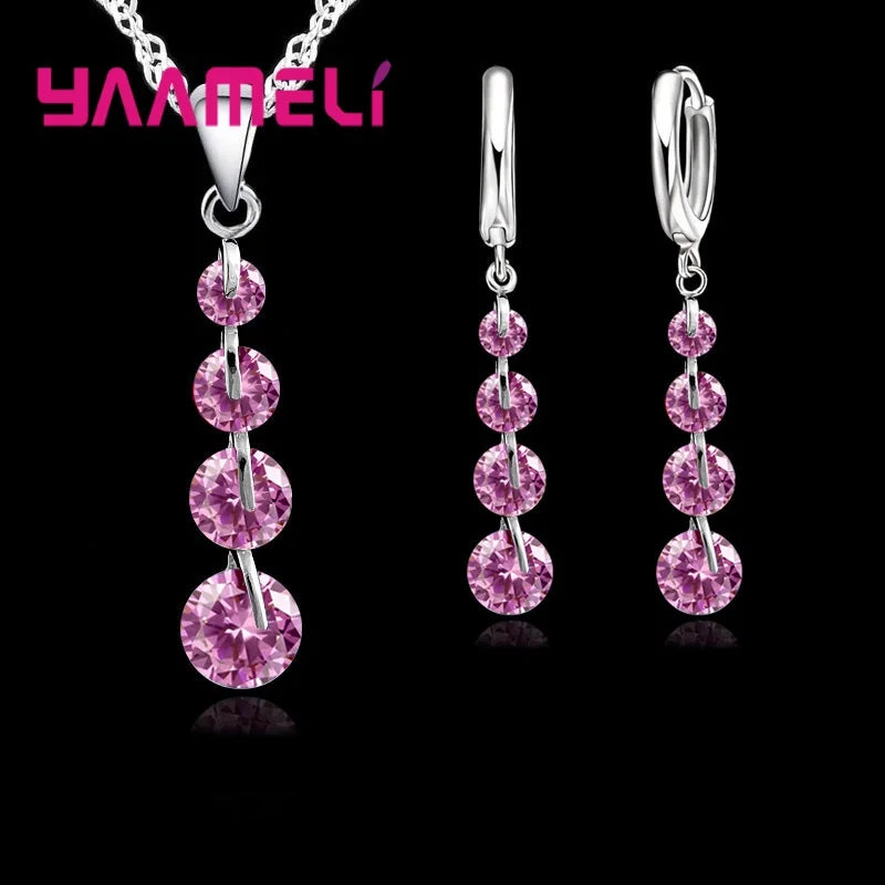 Fashion Bridal Jewelry Set For Women Lady Tassel Cubic Zircon 925 Sterling Silver Color Pendant Necklace Earrings Wedding Gift Qme Pink