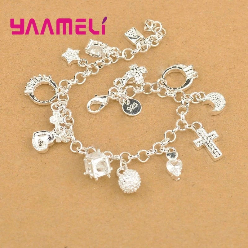 Top Quality 925 Sterling Silver Color Bracelet Nice Moon Heart Clock Ball Cube Star Charms Jewelry for Women Girls Qme