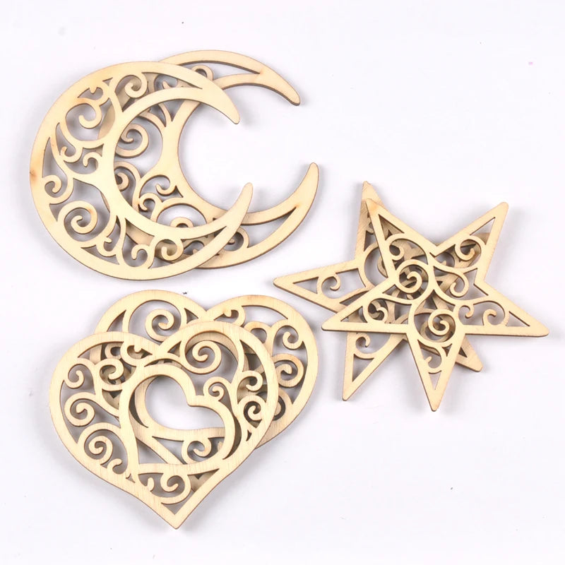 Unfinished Moon/Star/heart Shape Hanging Pendant Wood Slices Crafts For DIY Scrapbook Home Decor Wooden Ornament 5pcs 80mm m2577 Qme