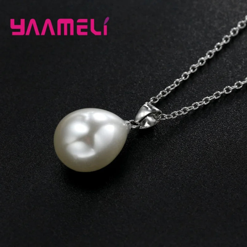 925 Sterling Silver Color Pearl Pendant Necklace Loop Hoop Earrings White Teardrop Women Girls Wedding Party Nice Gifts Qme