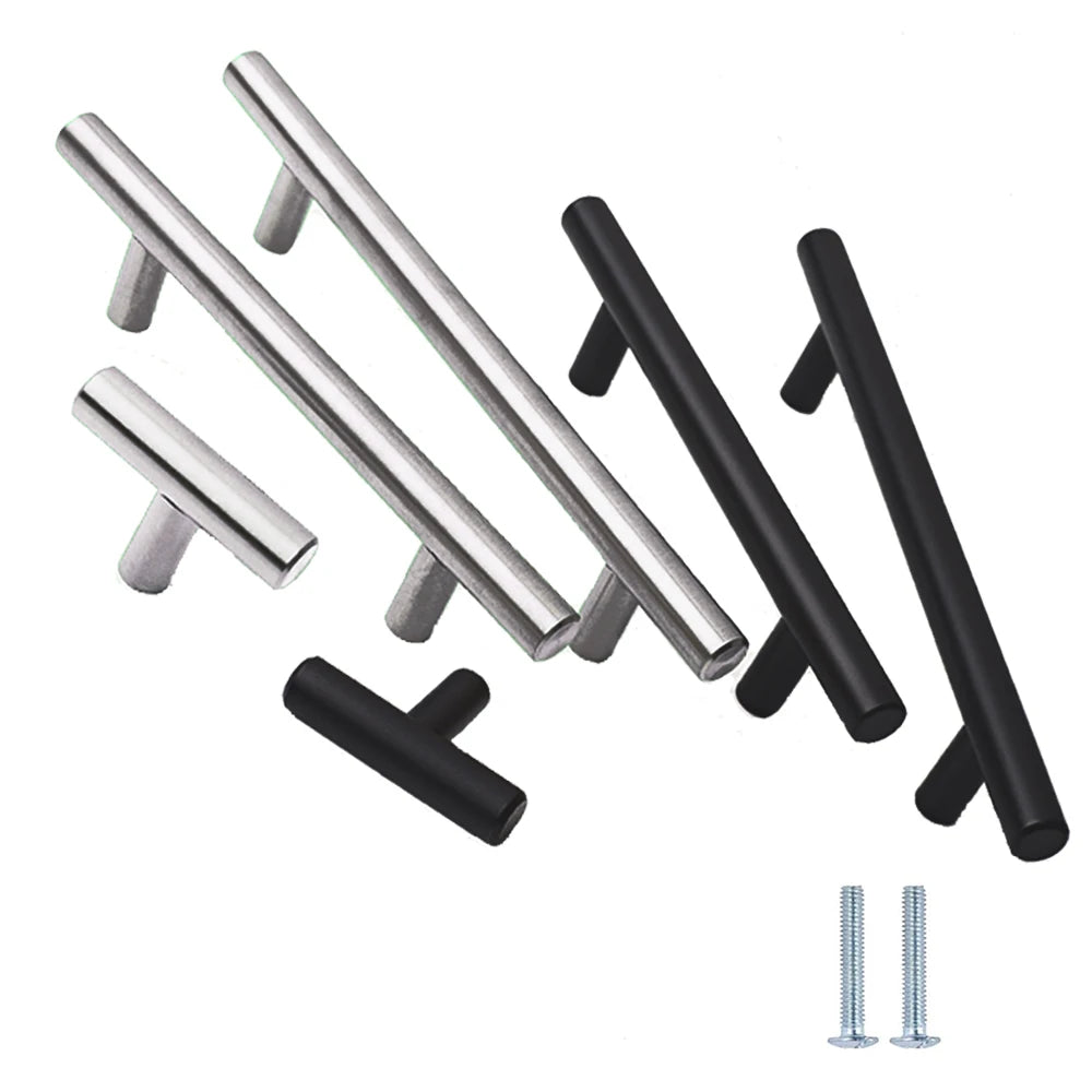 Kitchen Cabinet Pulls Furniture Drawer Handles Stainless Steel T Bar Straight Wardrobe Door Knobs Black Silver Cupboard Handle Qme