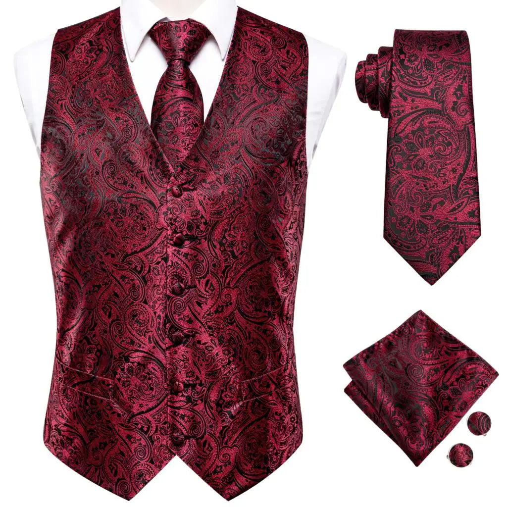 Hi-tie Mens Suit Vests Necktie Hankerchief Cufflinks Silk Slim Fit Qme