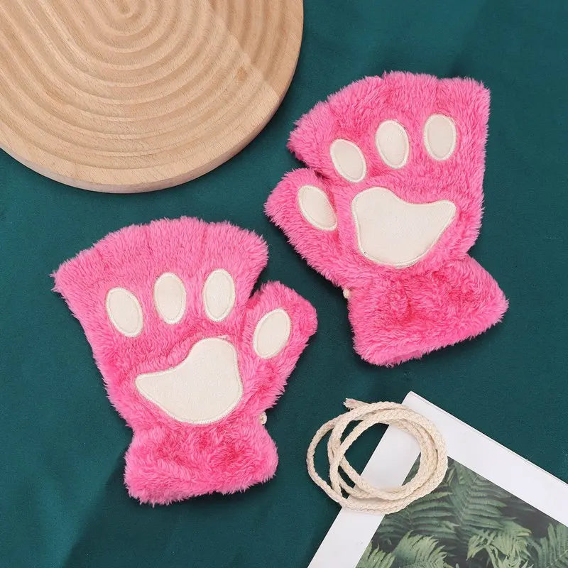 New Winter Gloves Women Bear Plush Cat Paw Claw Gloves Cute Kitten Fingerless Mittens Christmas Halloween for Girls Gift Gloves Qme Rose Red One Size
