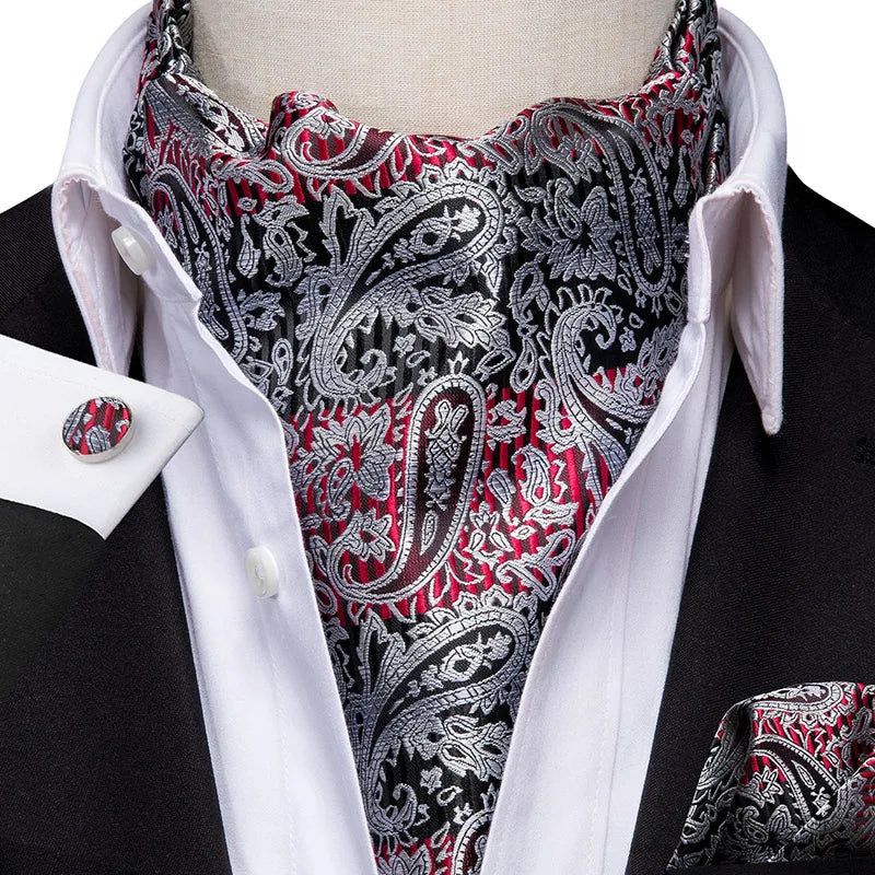 Hi-tie Silk Men's Ascot Pocket Square Cufflinks Jacquard Floral