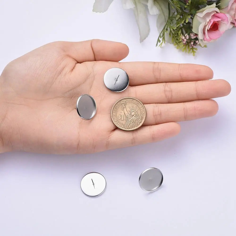 PandaHall 20-50Pcs Stainless Steel Surgical Blank Stud Earring Cabochon Settings Post Cup Bezel Setting for Jewelry Making Qme