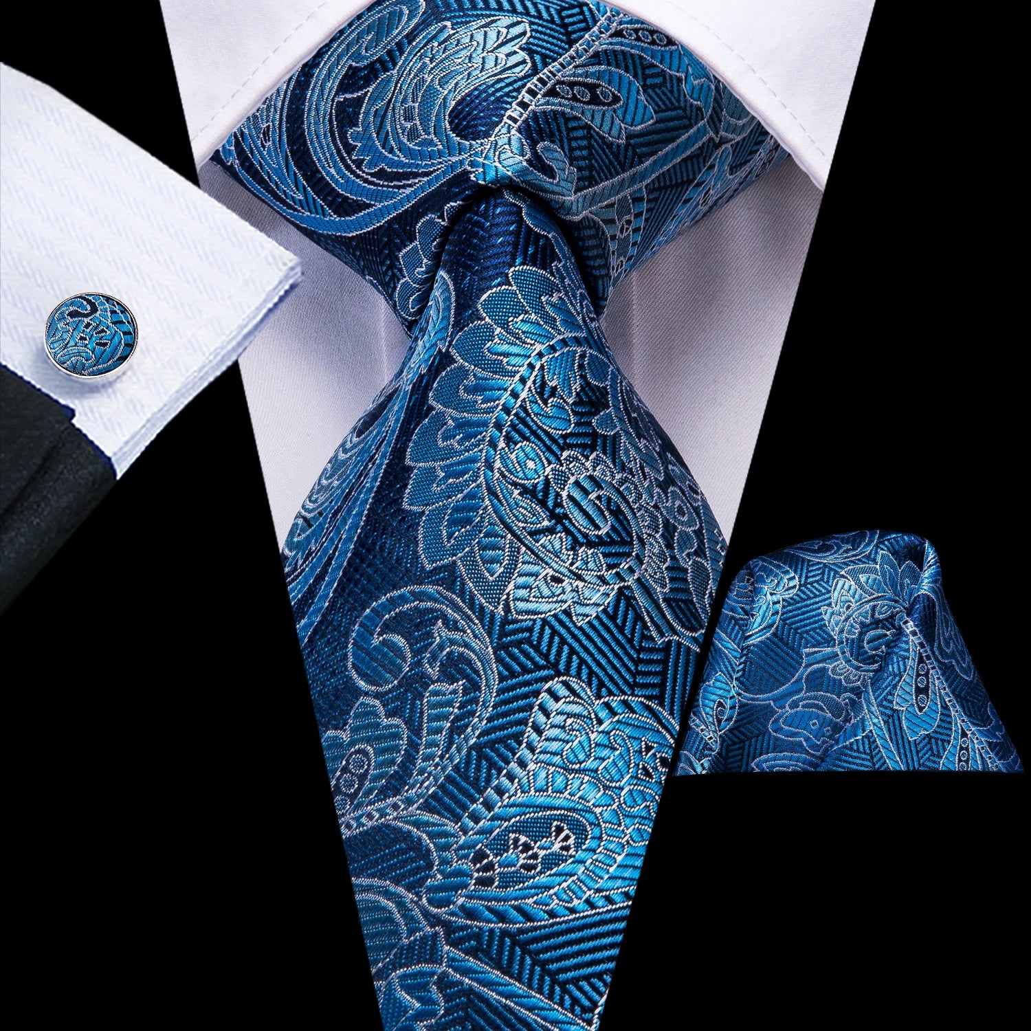 Hi-tie Light Blue Striped Novelty Wedding Tie Men Handky Cufflinks