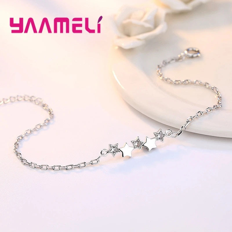 High Quality 925 Sterling Silver Color Bracelet Austrian Crystal Stars Charms Women Girls Bangles Jewelry Birthday Gifts Qme