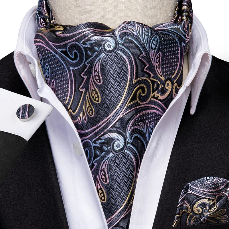 Hi-tie Silk Men's Ascot Pocket Square Cufflinks Jacquard Floral