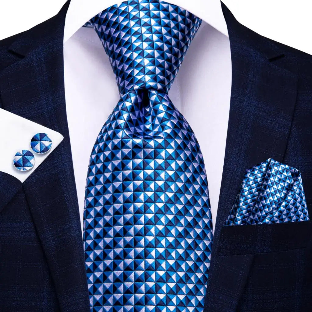 Jacquard Peacock Blue Novelty Design Wedding Tie Men Hanky Cufflinks