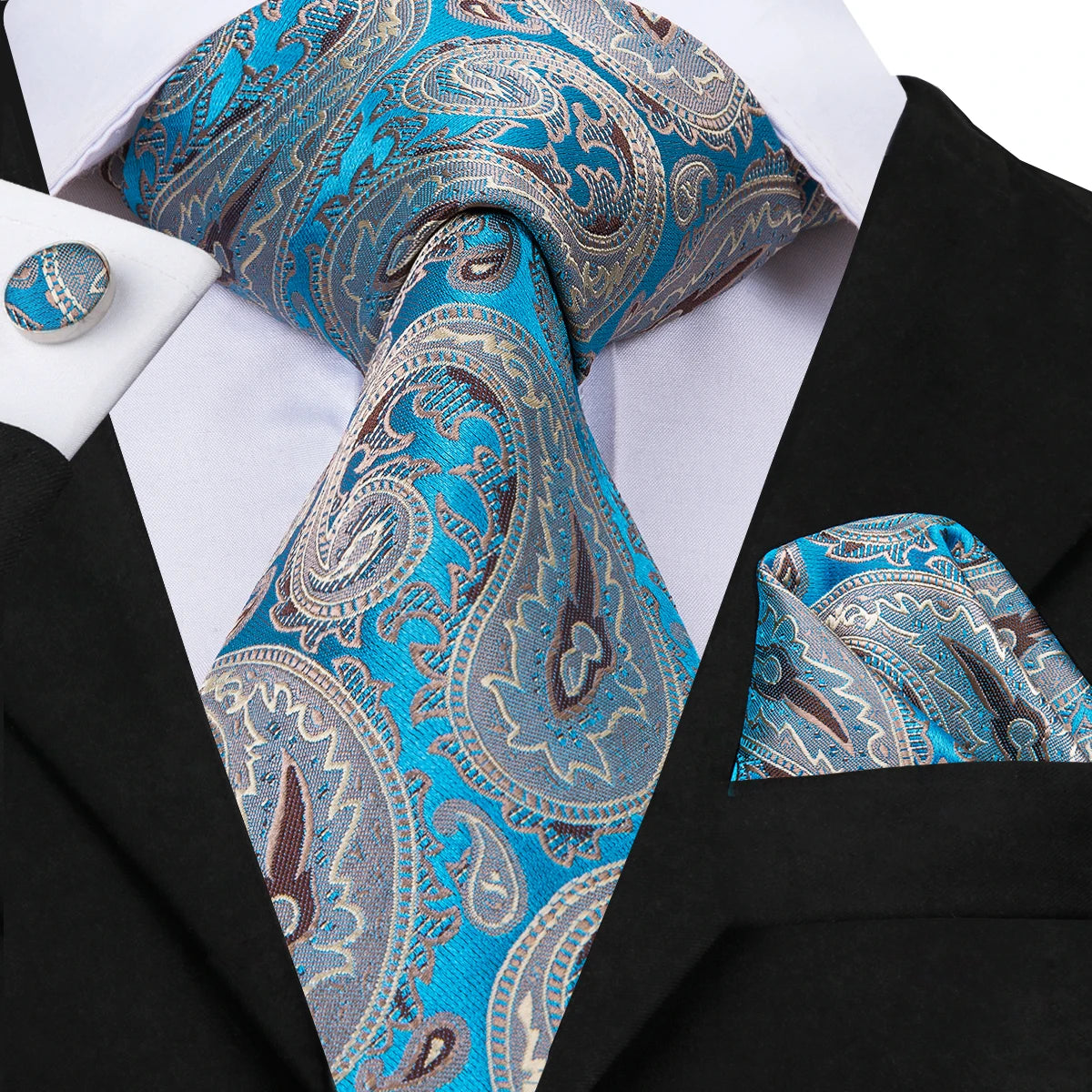 Hi-tie Light Blue Striped Novelty Wedding Tie Men Handky Cufflinks Qme 3062