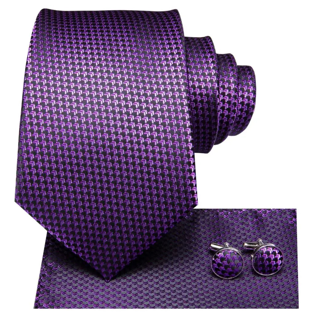 Purple Solid Mens Necktie Luxury Business Tie Hanky Cufflinks Brooch Qme