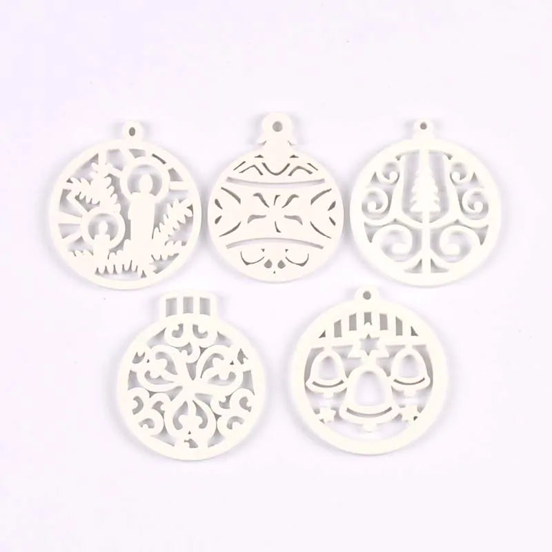 10pcs 32-35mm white Carved Christmas Ball Wood DIY Christmas Tree Ornament Wooden Scrapbooking Decoration Ornament m2263 Qme mix