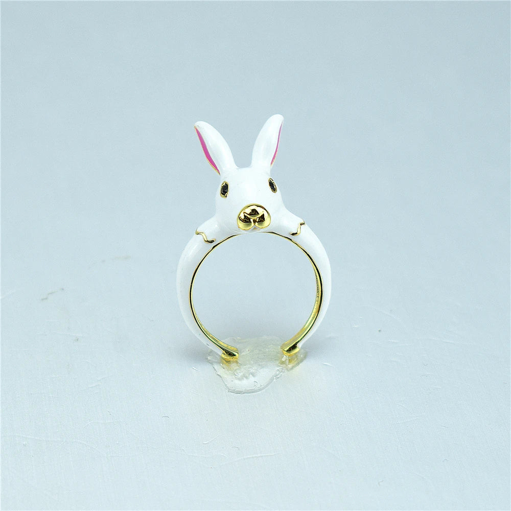 New Japan and South Korea cute girl heart rabbit ring enamel drip opening adjustable jewelry Qme WHITE