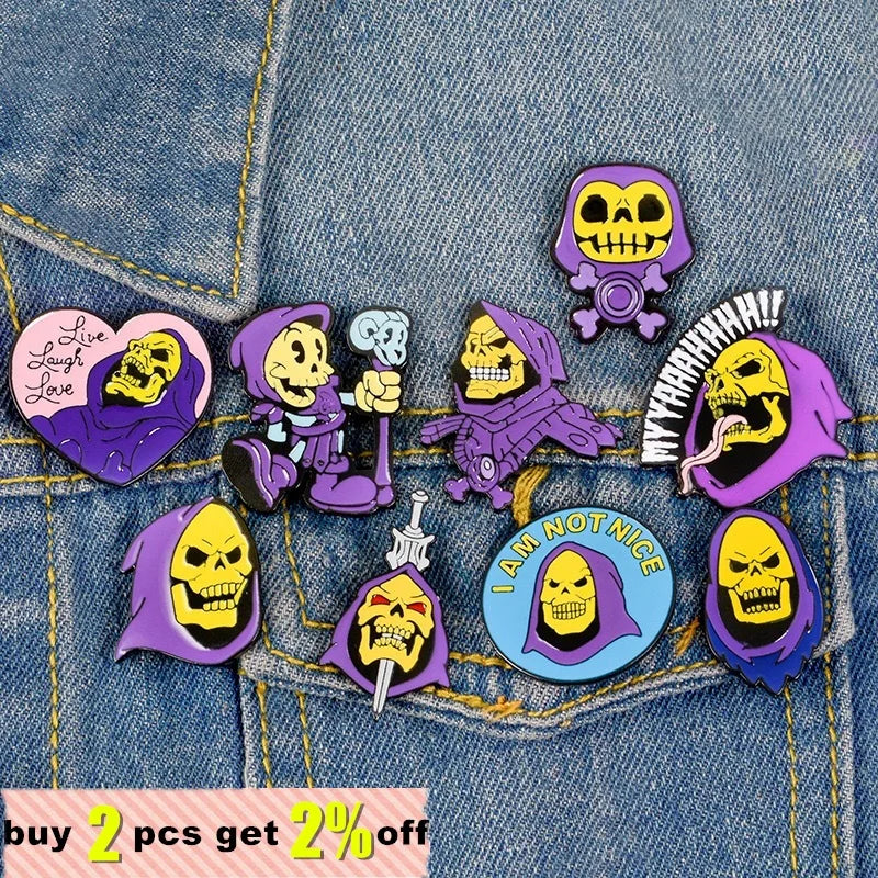 Skeletor Purple Hood Enamel Pins Master Universe Badge Brooch Bag Clothes Lapel Classic Cartoon Jewelry Halloween Gift Wholesale Qme