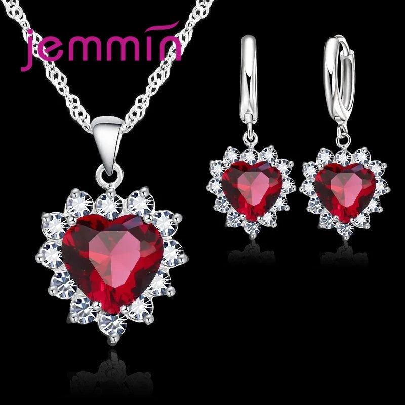 Top Sale Wding Engagement Anniversary Gift Jewelry Sets 925 Silver Color Stamped Heart Pendant Hoop Earrings for Women Girls Qme