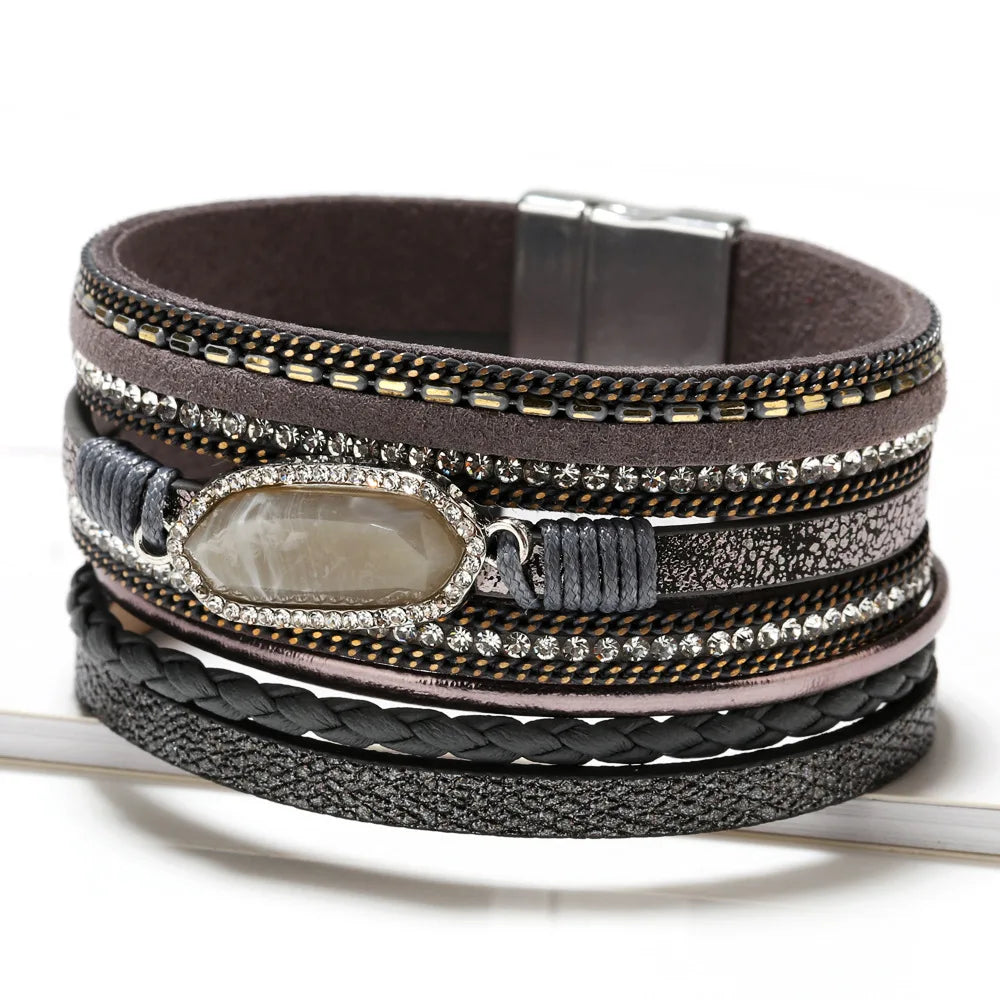 Ladies Natural Stone Leather Bracelet Fashion Bohemian Braided Rope Wide Multilayer Winding Bracelet Men's and Women's Jewelry Qme