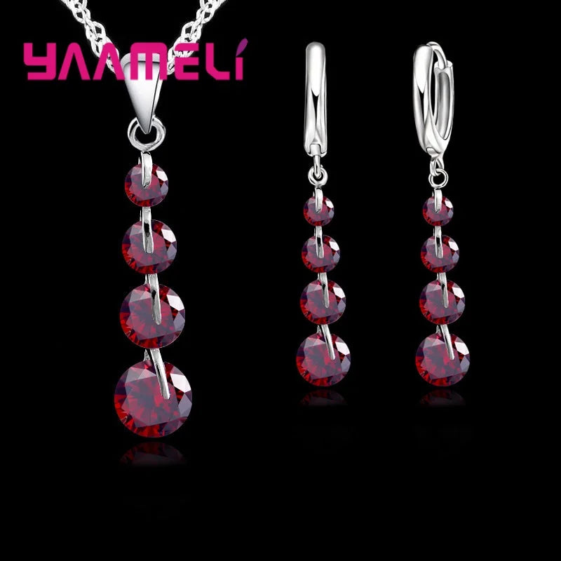 Fashion Bridal Jewelry Set For Women Lady Tassel Cubic Zircon 925 Sterling Silver Color Pendant Necklace Earrings Wedding Gift Qme Red