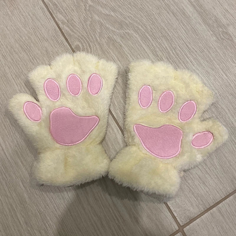 New Winter Gloves Women Bear Plush Cat Paw Claw Gloves Cute Kitten Fingerless Mittens Christmas Halloween for Girls Gift Gloves Qme