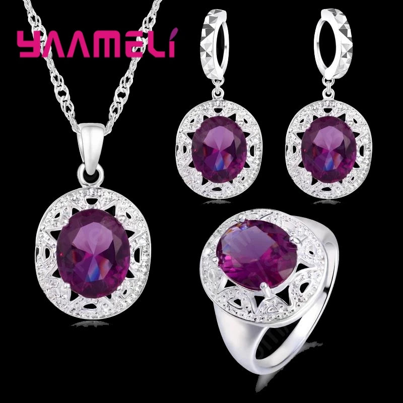 Elegant Women 925 Sterling Silver Color Purple Crystal Pendants Necklaces Earring Ring Set for Wedding Engagement Jewelry Gift Qme Ring 9