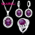Elegant Women 925 Sterling Silver Color Purple Crystal Pendants Necklaces Earring Ring Set for Wedding Engagement Jewelry Gift Qme Ring 9