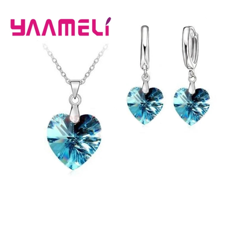Love Heart Shape Women 925 Sterling Silver Color Bridal Jewelry Set For Wedding Fashion Crystal Pendants Necklaces Earring Set Qme Dark blue