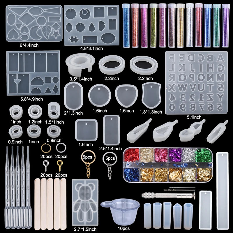 Epoxy Silicone Mold Set Jewelry Casting Mold Kit with Hand Drill, Glitter Sequins and Tools for Pendant Earring Keychain Making Qme 10
