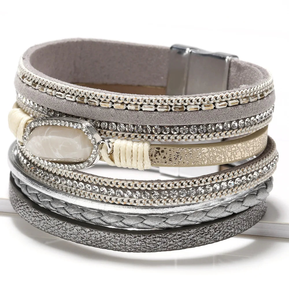 Ladies Natural Stone Leather Bracelet Fashion Bohemian Braided Rope Wide Multilayer Winding Bracelet Men's and Women's Jewelry Qme