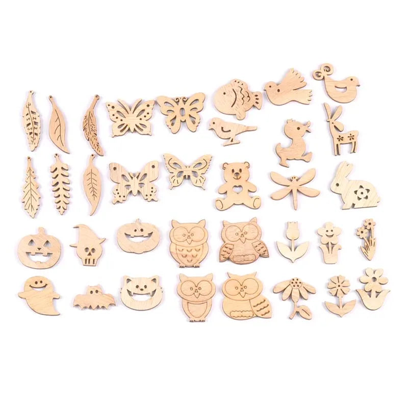 25Pcs Vintage Flowers/owls/leaves DIY Wooden Ornaments Scrapbook Craft Unfinished Natural Wood Slices For Home Decor m2731 Qme