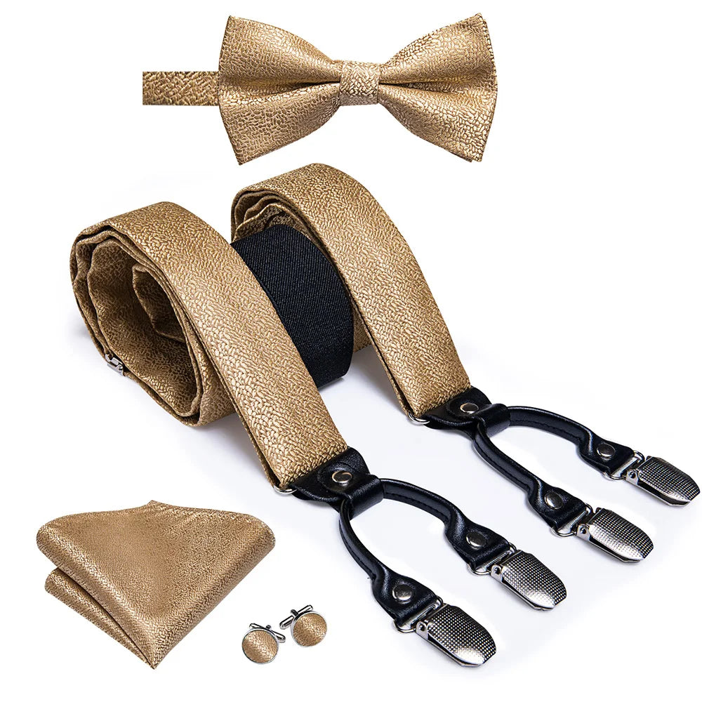 Hi-Tie Silk Men's Suspender Metal 6 Clips on Braces Bow Tie Hankerchief Cufflinks Male Wedding Party Business Vintage Adjustable Qme BD-3045