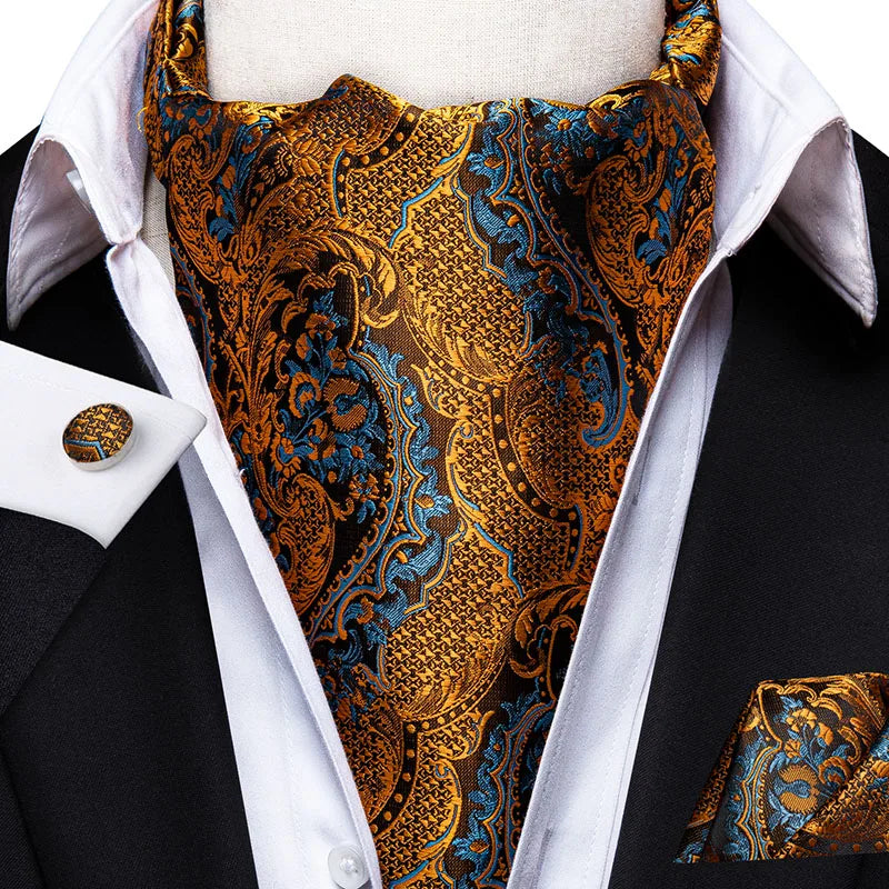 Hi-tie Silk Men's Ascot Pocket Square Cufflinks Jacquard Floral Qme AS-1033
