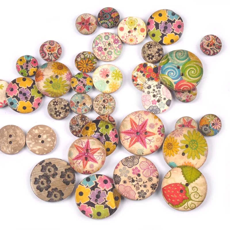 30Pcs Mixed pattern Printing coconut husk Buttons Sewing Accessories DIY Clothes Handmade Scrapbooking Home Decor 2Holes m2641 Qme Default Title