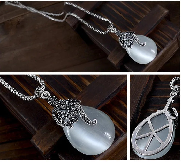 Vintage Elegant 925 Sterling Silver Color Fashion Opal Water Drop Pendants Long Necklaces Earrings Women Jewelry Sets Qme